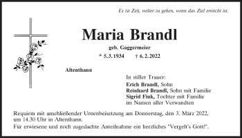 Traueranzeige von Maria Brandl von Mittelbayerische Zeitung Regensburg