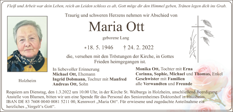  Traueranzeige für Maria Ott vom 26.02.2022 aus Neumarkter Tagblatt