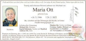 Traueranzeige von Maria Ott von Neumarkter Tagblatt