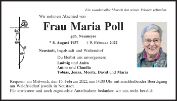 Traueranzeige von Maria Poll von Mittelbayerische Zeitung Kelheim