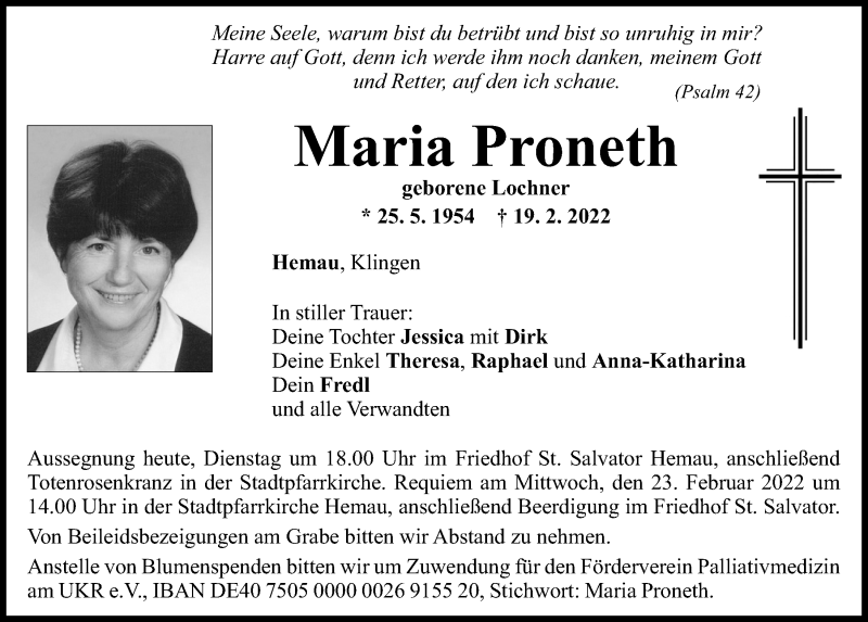  Traueranzeige für Maria Proneth vom 22.02.2022 aus Mittelbayerische Zeitung Regensburg