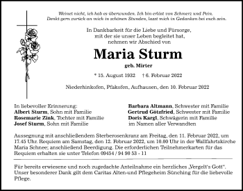 Traueranzeige von Maria Sturm von Mittelbayerische Zeitung Regensburg