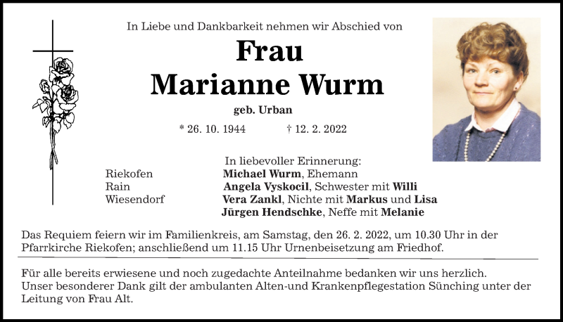  Traueranzeige für Marianne Wurm vom 24.02.2022 aus Mittelbayerische Zeitung Regensburg