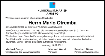 Traueranzeige von Mario Otremba von Mittelbayerische Zeitung Schwandorf