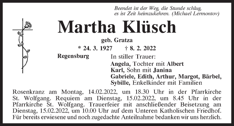  Traueranzeige für Martha Klüsch vom 12.02.2022 aus Mittelbayerische Zeitung Regensburg