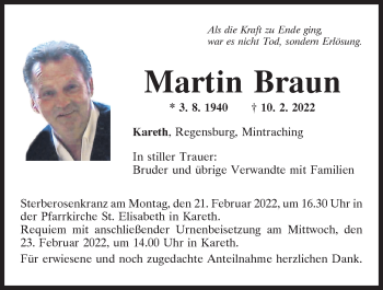 Traueranzeige von Martin Braun von Mittelbayerische Zeitung Regensburg