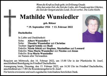 Traueranzeige von Mathilde Wunsiedler von Mittelbayerische Zeitung Schwandorf