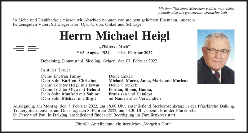  Traueranzeige für Michael Heigl vom 07.02.2022 aus Bayerwald Echo
