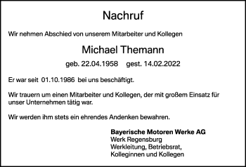 Traueranzeige von Michael Themann von Mittelbayerische Zeitung Regensburg