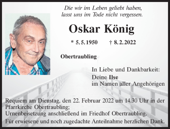 Traueranzeige von Oskar König von Mittelbayerische Zeitung Regensburg