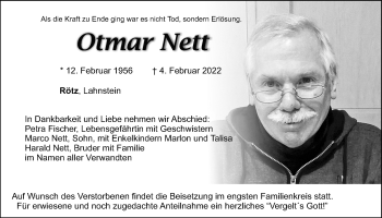 Traueranzeige von Otmar Nett von Bayerwald Echo