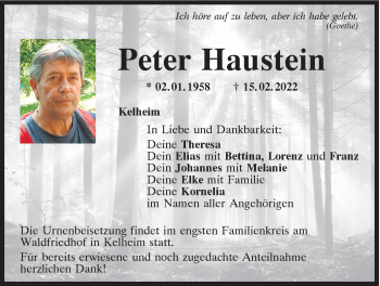 Traueranzeige von Peter Haustein von Mittelbayerische Zeitung Kelheim