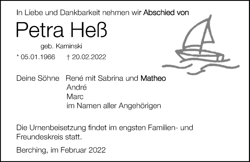  Traueranzeige für Petra Heß vom 23.02.2022 aus Neumarkter Tagblatt