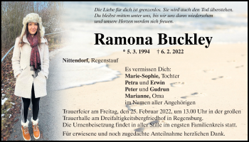Traueranzeige von Ramona Buckley von Mittelbayerische Zeitung Regensburg
