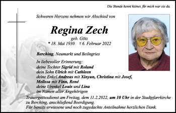 Traueranzeige von Regina Zech von Neumarkter Tagblatt