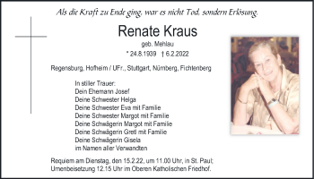 Traueranzeige von Renate Kraus von Mittelbayerische Zeitung Regensburg