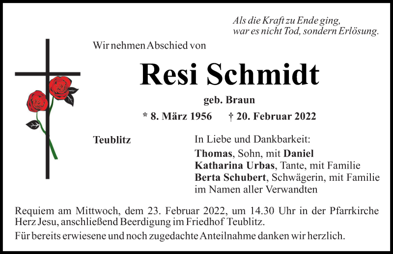  Traueranzeige für Resi Schmidt vom 22.02.2022 aus Mittelbayerische Zeitung Schwandorf