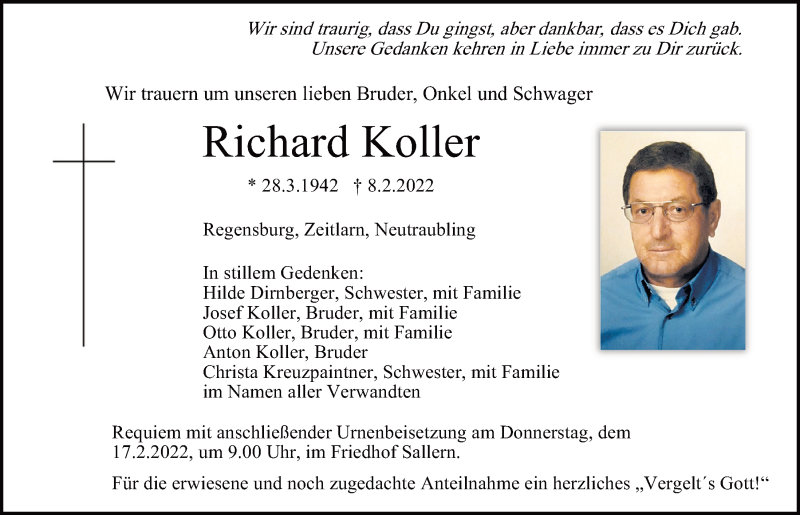  Traueranzeige für Richard Koller vom 12.02.2022 aus Mittelbayerische Zeitung Regensburg