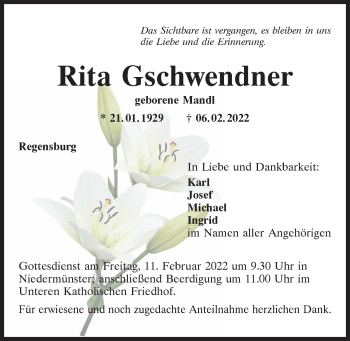 Traueranzeige von Rita Gschwendner von Mittelbayerische Zeitung Regensburg