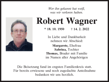 Traueranzeige von Robert Wagner von Mittelbayerische Zeitung Regensburg
