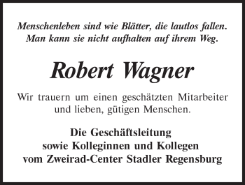 Traueranzeige von Robert Wagner von Mittelbayerische Zeitung Regensburg