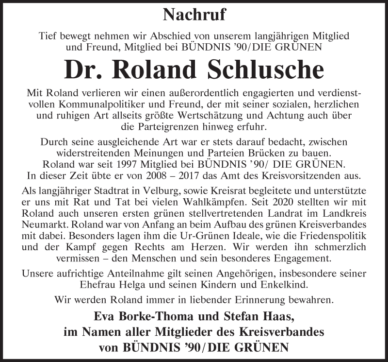  Traueranzeige für Roland Schlusche vom 24.02.2022 aus Neumarkter Tagblatt