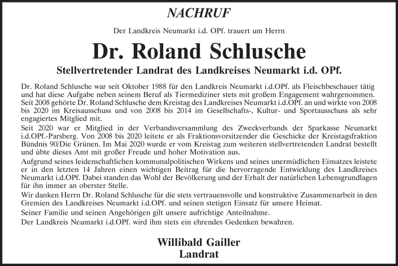  Traueranzeige für Roland Schlusche vom 25.02.2022 aus Neumarkter Tagblatt