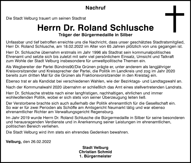  Traueranzeige für Roland Schlusche vom 26.02.2022 aus Neumarkter Tagblatt