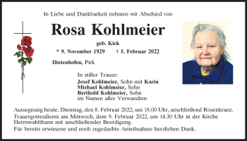Traueranzeige von Rosa Kohlmeier von Mittelbayerische Zeitung Kelheim