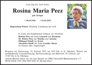 Traueranzeige von Rosina Maria Peez von Mittelbayerische Zeitung Regensburg