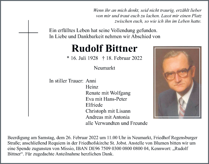  Traueranzeige für Rudolf Bittner vom 23.02.2022 aus Neumarkter Tagblatt