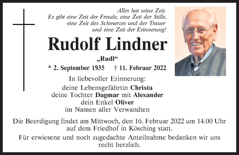  Traueranzeige für Rudolf Lindner vom 15.02.2022 aus Mittelbayerische Zeitung Kelheim