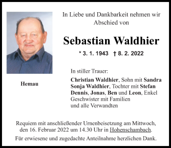 Traueranzeige von Sebastian Waldhier von Mittelbayerische Zeitung Regensburg