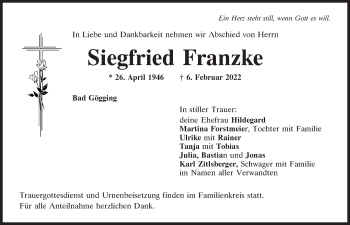 Traueranzeige von Siegfried Franzke von Mittelbayerische Zeitung Kelheim