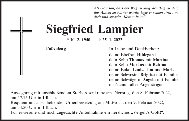  Traueranzeige für Siegfried Lampier vom 05.02.2022 aus Mittelbayerische Zeitung Regensburg
