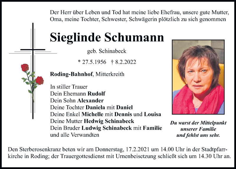  Traueranzeige für Sieglinde Schumann vom 14.02.2022 aus Bayerwald Echo