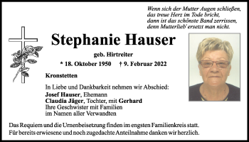 Traueranzeige von Stephanie Hauser von Mittelbayerische Zeitung Schwandorf