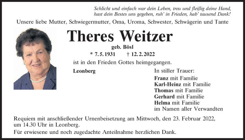  Traueranzeige für Theres Weitzer vom 19.02.2022 aus Mittelbayerische Zeitung Schwandorf
