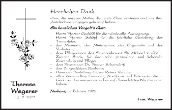 Traueranzeige von Therese Wegerer von Bayerwald Echo