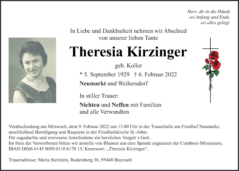  Traueranzeige für Theresia Kirzinger vom 08.02.2022 aus Neumarkter Tagblatt