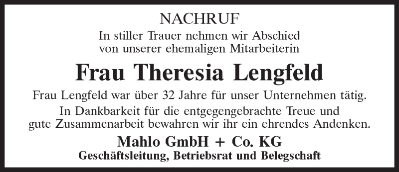  Traueranzeige für Theresia Lengfeld vom 05.02.2022 aus Mittelbayerische Zeitung Kelheim