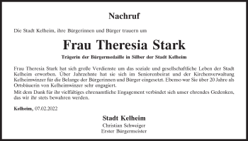 Traueranzeige von Theresia Stark von Mittelbayerische Zeitung Kelheim