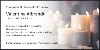 Traueranzeige von Valentina Albrandt von Mittelbayerische Zeitung Regensburg