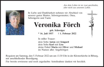 Traueranzeige von Veronika Förch von Mittelbayerische Zeitung Kelheim