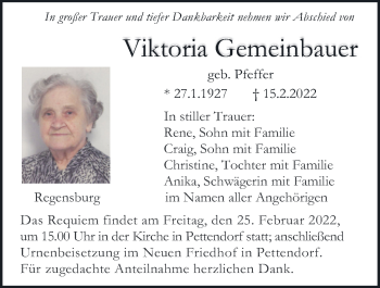 Traueranzeige von Viktoria Gemeinbauer von Mittelbayerische Zeitung Regensburg