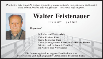 Traueranzeige von Walter Feistenauer von Mittelbayerische Zeitung Regensburg