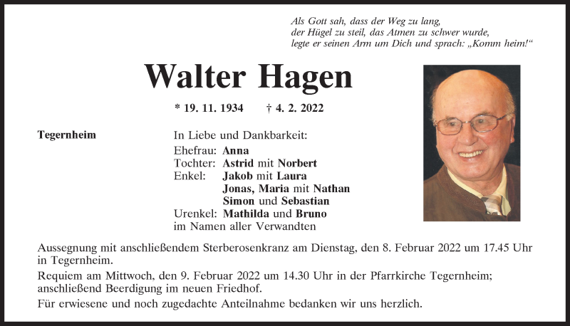  Traueranzeige für Walter Hagen vom 07.02.2022 aus Mittelbayerische Zeitung Regensburg