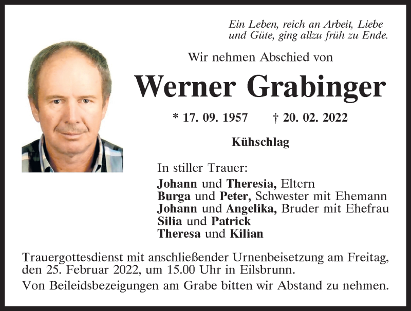  Traueranzeige für Werner Grabinger vom 23.02.2022 aus Mittelbayerische Zeitung Regensburg