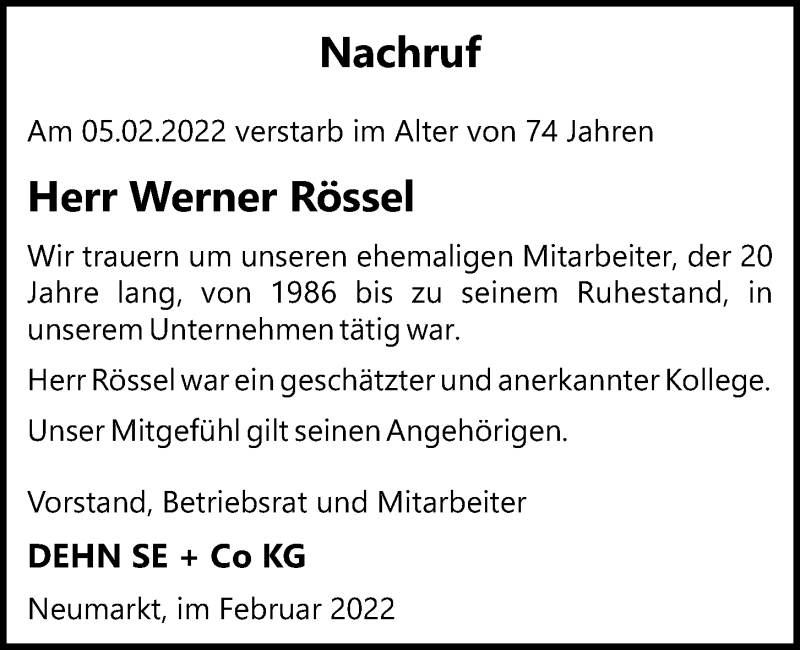  Traueranzeige für Werner Rössel vom 18.02.2022 aus Neumarkter Tagblatt