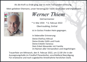 Traueranzeige von Werner Thiem von Mittelbayerische Zeitung Regensburg